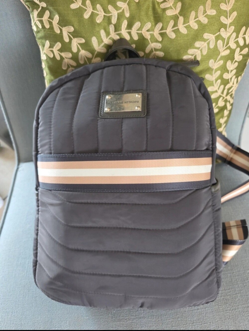 Quilted, Sleek, boxy, Gray Nylon Backpack with Pink-Tan Stripe.